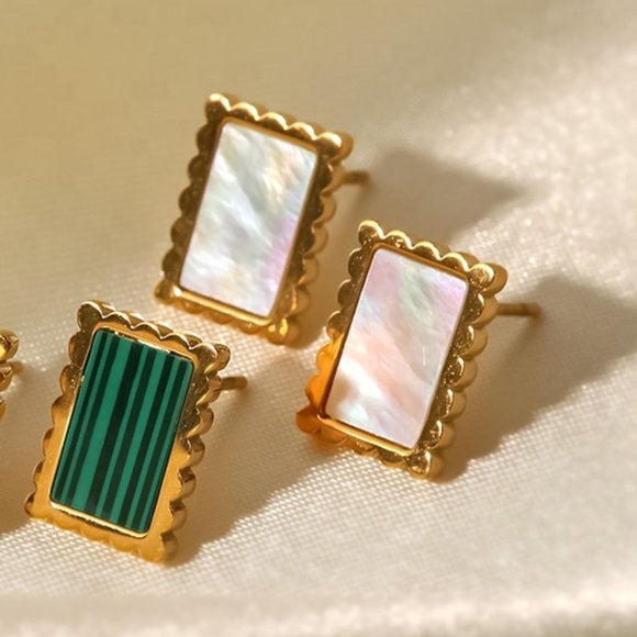 White Shell Rectangle 18K Gold Plated Stainless Steel Stud Earrings - Picture 5 of 6